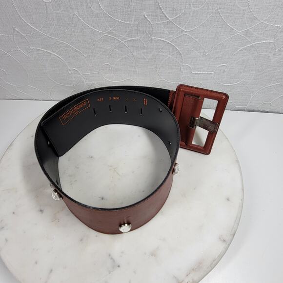 Vintage Yves Saint Laurent Wide Belt S Brown Leather‎ Buckle Rhinestone Rivets main image 10
